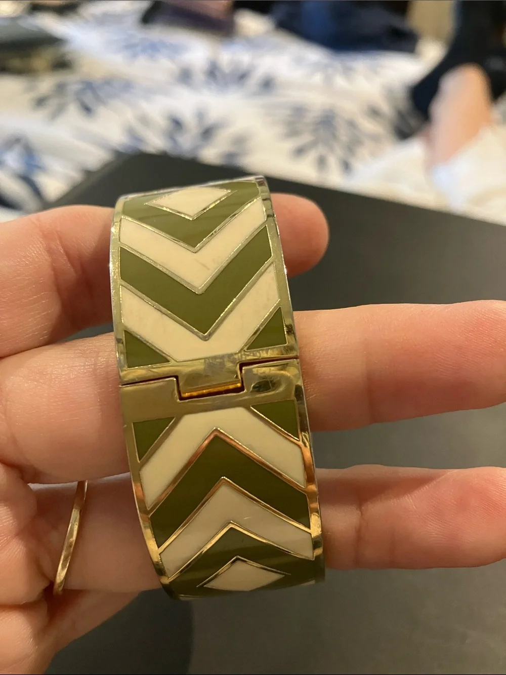 Spartina Gold-Tone Green & Cream Chevron Cuff Bracelet